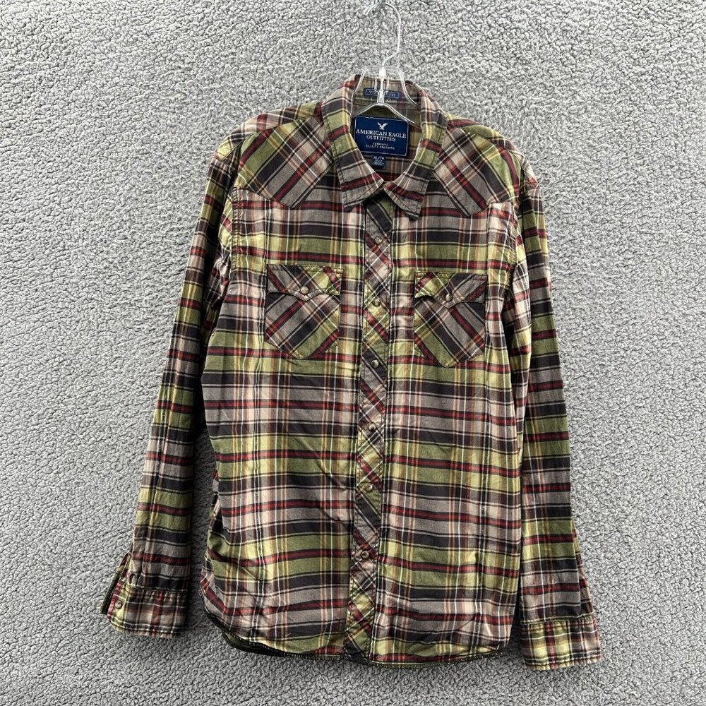 American Eagle Search Mens XL Pearl Snap Plaid Long Sleeve Vintage Fit Grey Red